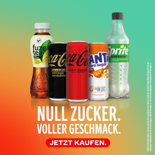 Coca-Cola Meta ad example started 2026-06-29: Null Zucker. Voller Geschmack, Null Zucker. Voller Geschmack, Null Zucker. Voller Geschmack