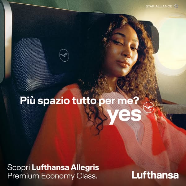 Lufthansa Meta ad example started 2026-04-20: Pi&ugrave; spazio tutto per me? Yes., Pi&ugrave; spazio tutto per me? Yes., Pi&ugrave; spazio tutto per me? Yes.