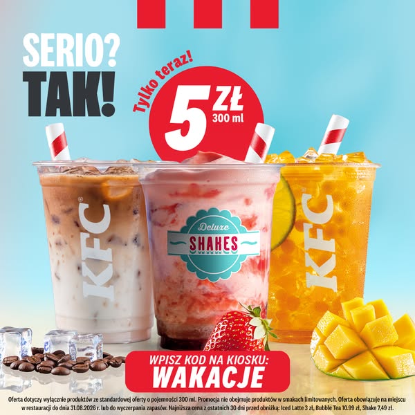 KFC Meta ad example started 2026-07-10: Napoje w KFC za 5 zł, Napoje w KFC za 5 zł, Napoje w KFC za 5 zł, Napoje w KFC za 5 zł