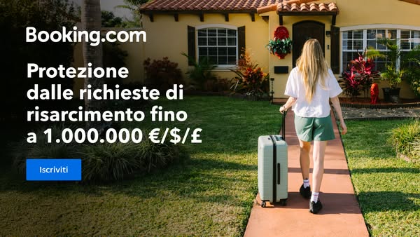 Booking.com Meta ad example started 2025-03-18: Protezione dalle richieste di risarcimento fino a 1.000.000 €/$/£, Protezione dalle richieste di risarcimento fino a 1.000.000 €/$/£, Protezione dalle richieste di risarcimento fino a 1.000.000 €/$/£