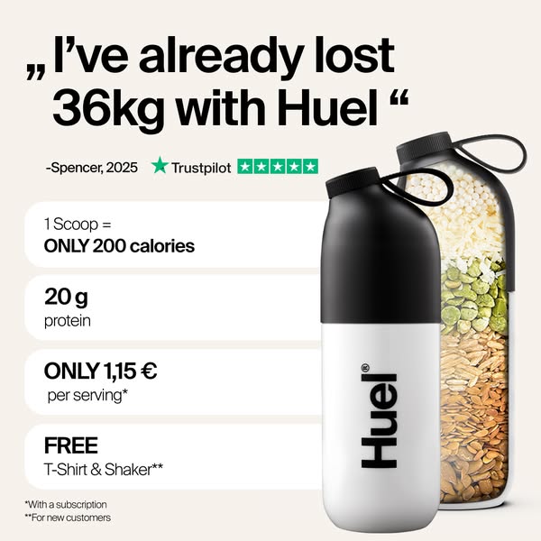 Huel Meta ad example started 2026-04-14: Stay Full While Losing Weight, Restez rassasié·e tout en perdant du poids, Sazietà che dura, anche quando perdi peso, No pases hambre mientras pierdes peso, Mantém-te saciado enquanto perdes peso, Hold dig mæt, mens du taber dig, Pysy kylläisenä painonpudotuksen aikana